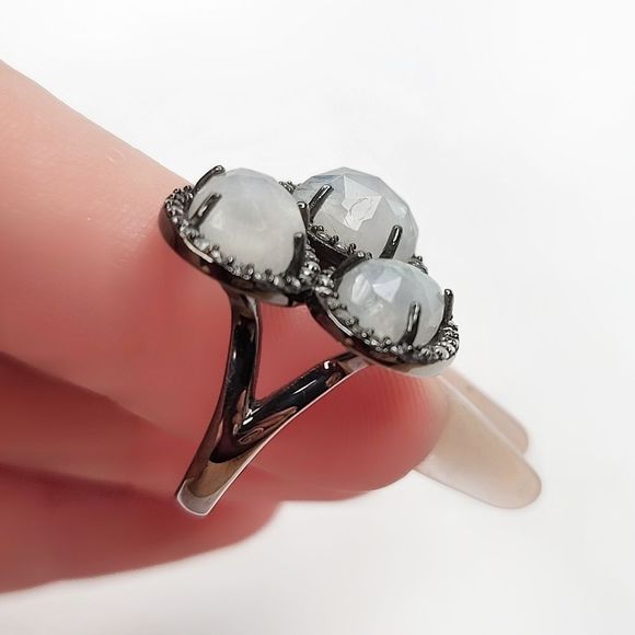 Triple Moonstone with Simulated Diamond Pave Bezel Adjustable Ring | 7½-11 - Picture 10 of 11